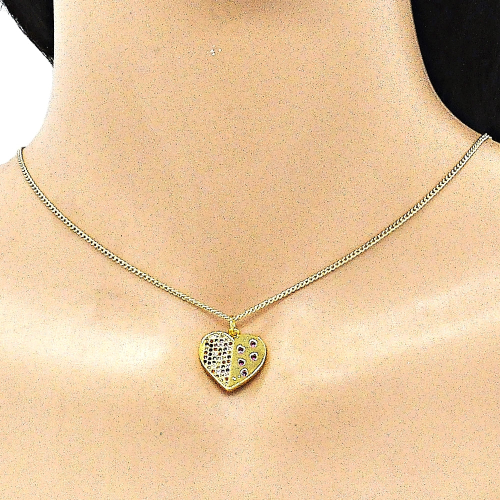 Oro Laminado Pendant Necklace, Gold Filled Style Heart Design, with Multicolor Micro Pave, Polished, Golden Finish