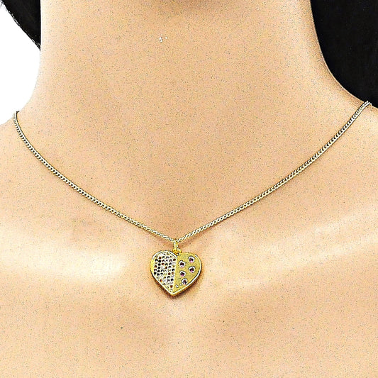 Oro Laminado Pendant Necklace, Gold Filled Style Heart Design, with Multicolor Micro Pave, Polished, Golden Finish