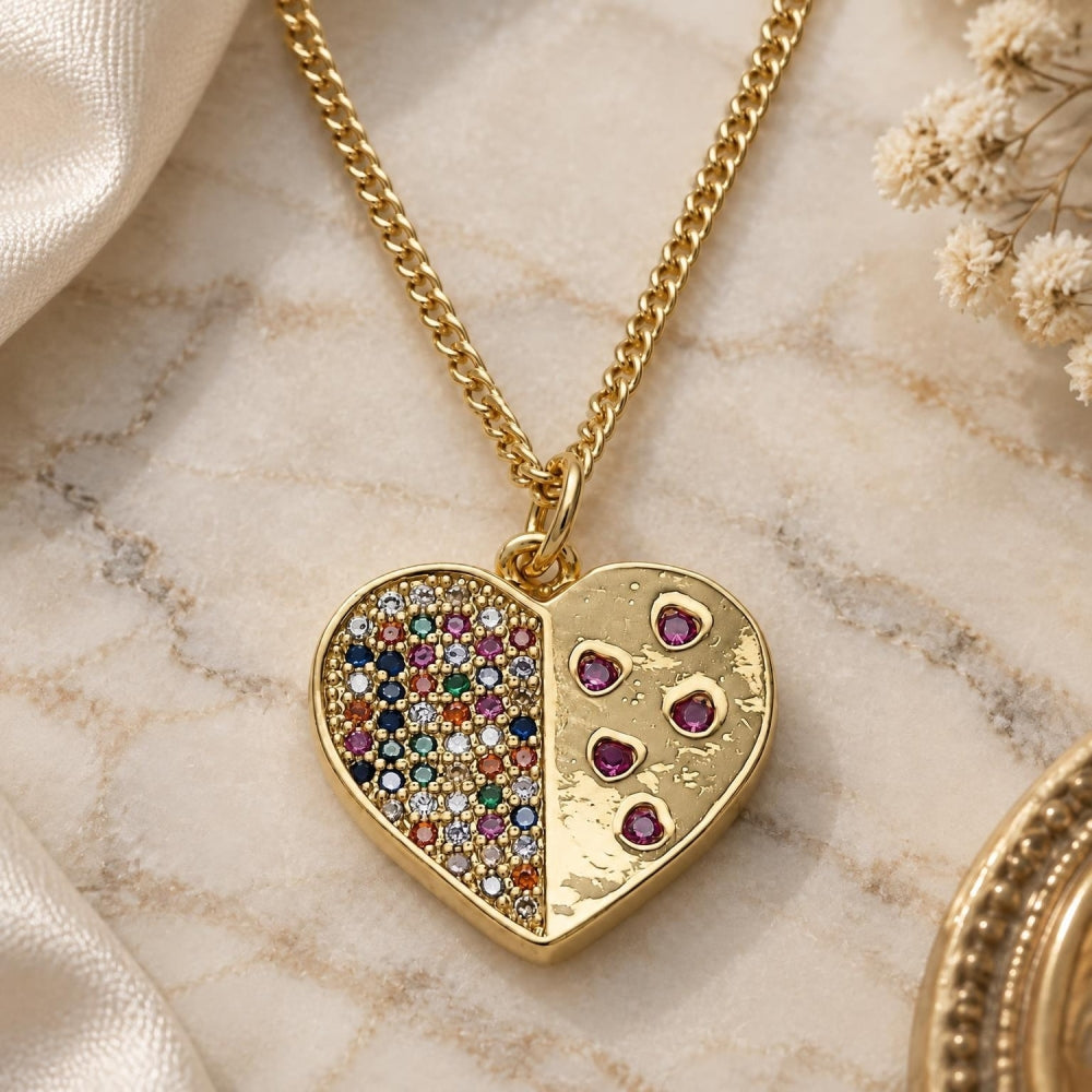 Oro Laminado Pendant Necklace, Gold Filled Style Heart Design, with Multicolor Micro Pave, Polished, Golden Finish