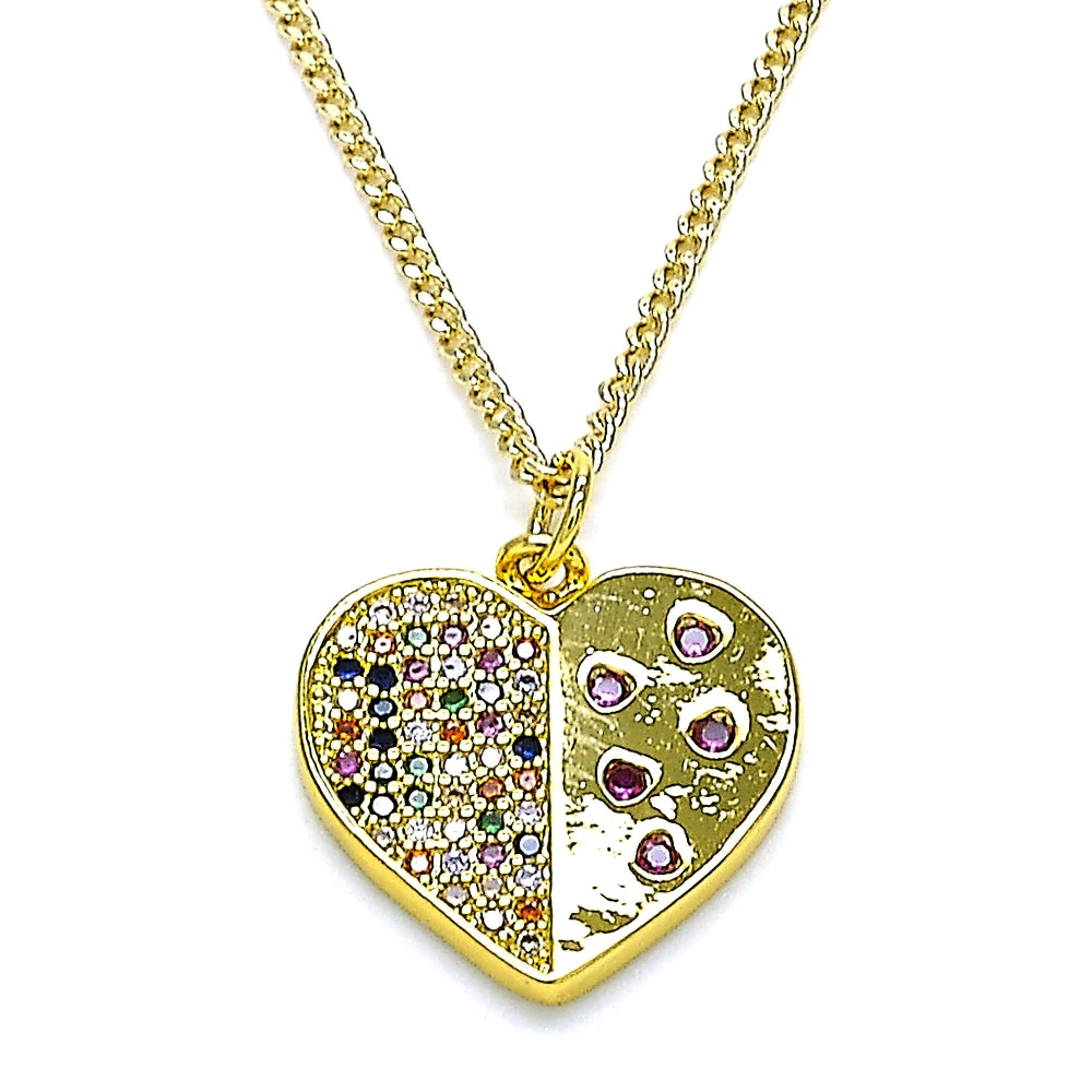 Oro Laminado Pendant Necklace, Gold Filled Style Heart Design, with Multicolor Micro Pave, Polished, Golden Finish