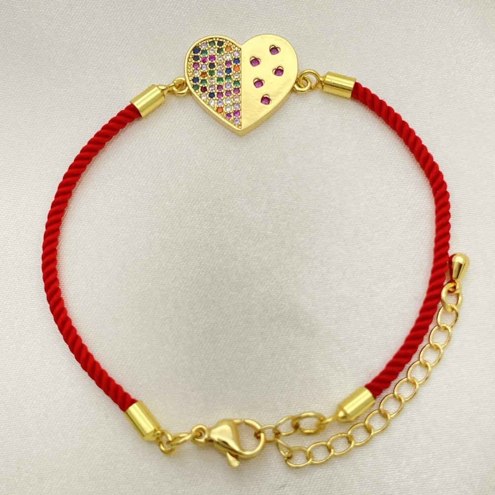 Oro Laminado Fancy Bracelet, Gold Filled Style Heart Design, with Multicolor Micro Pave, Polished, Golden Finish