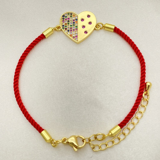 Oro Laminado Fancy Bracelet, Gold Filled Style Heart Design, with Multicolor Micro Pave, Polished, Golden Finish