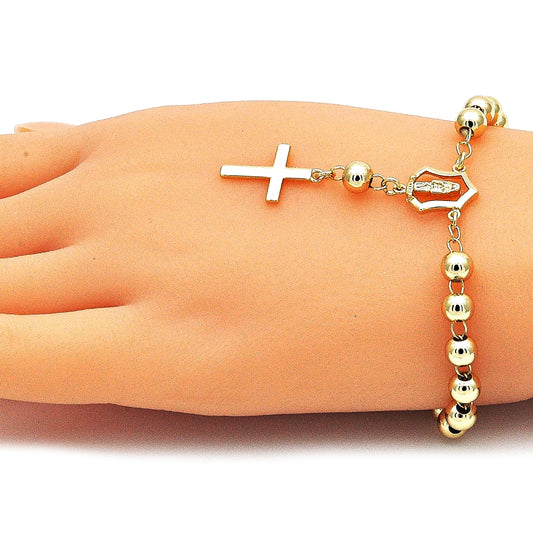 Oro Laminado Bracelet Rosary, Gold Filled Style Guadalupe and Cross Design, Polished, Golden Finish
