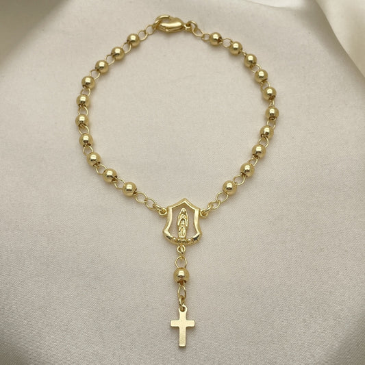 Oro Laminado Bracelet Rosary, Gold Filled Style Guadalupe and Cross Design, Polished, Golden Finish