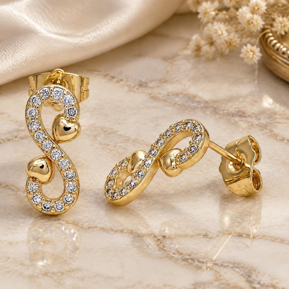 Oro Laminado Stud Earring, Gold Filled Style Infinite and Heart Design, with White Micro Pave, Polished, Golden Finish
