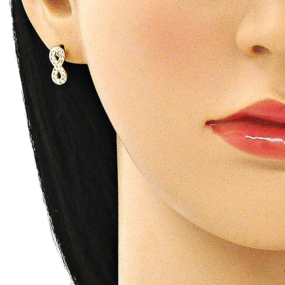 Oro Laminado Stud Earring, Gold Filled Style Infinite Design, with White Micro Pave, Polished, Golden Finish