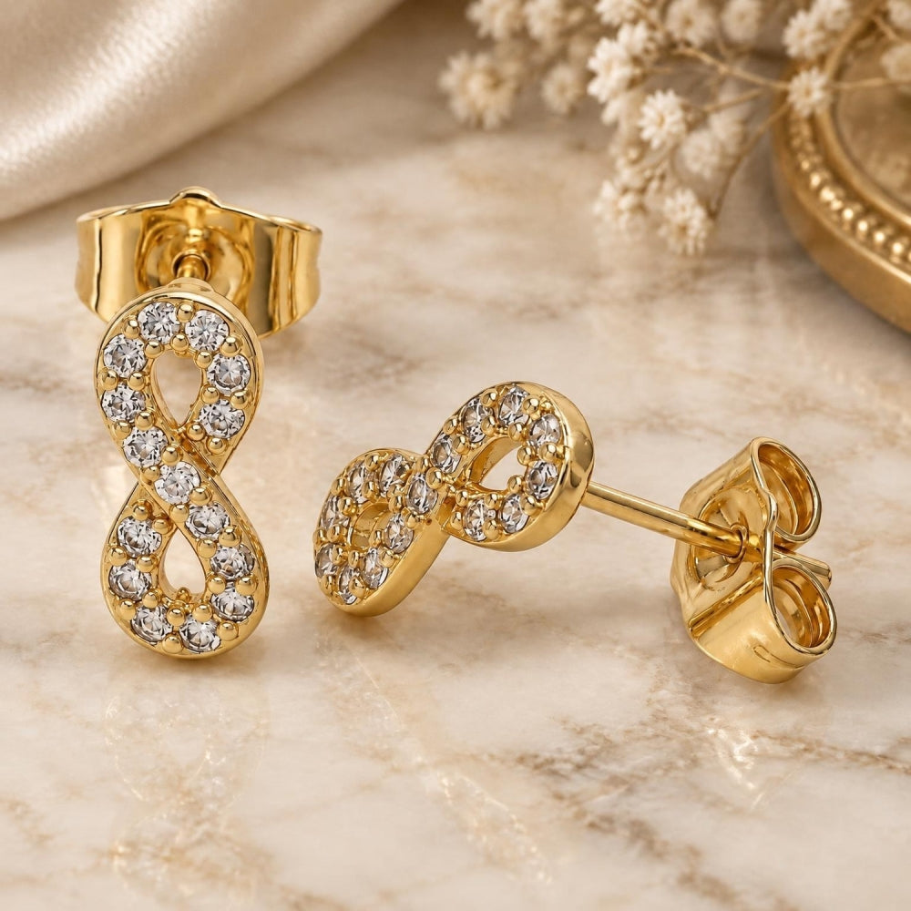 Oro Laminado Stud Earring, Gold Filled Style Infinite Design, with White Micro Pave, Polished, Golden Finish
