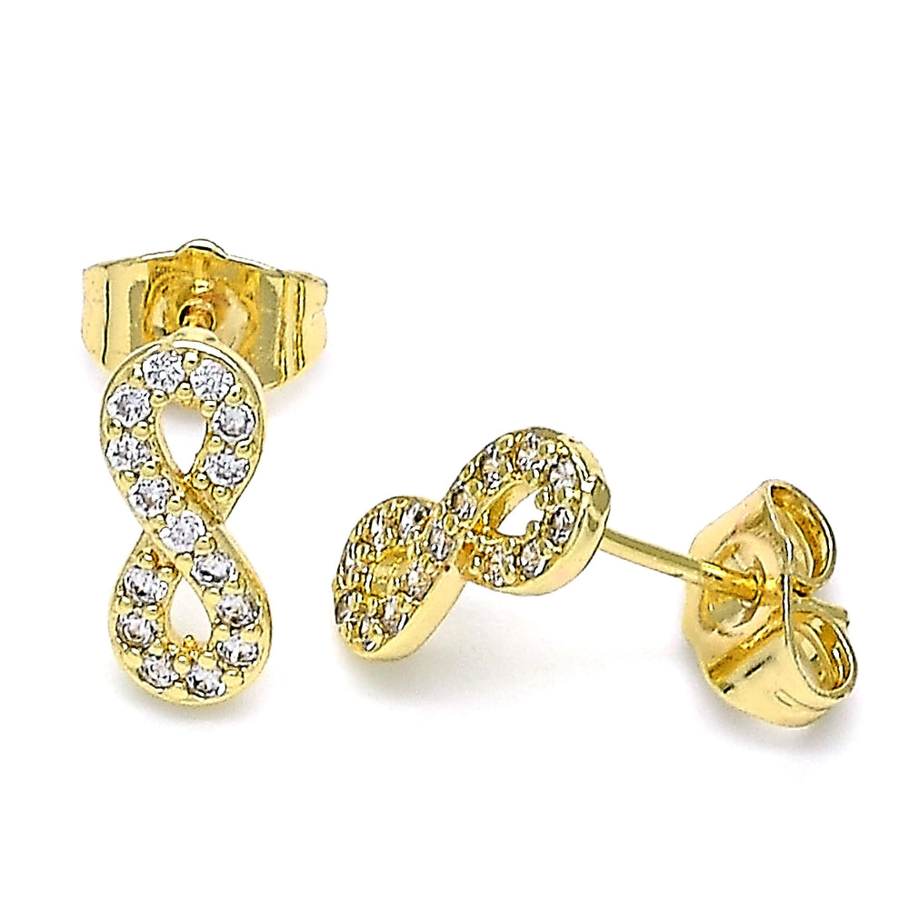 Oro Laminado Stud Earring, Gold Filled Style Infinite Design, with White Micro Pave, Polished, Golden Finish