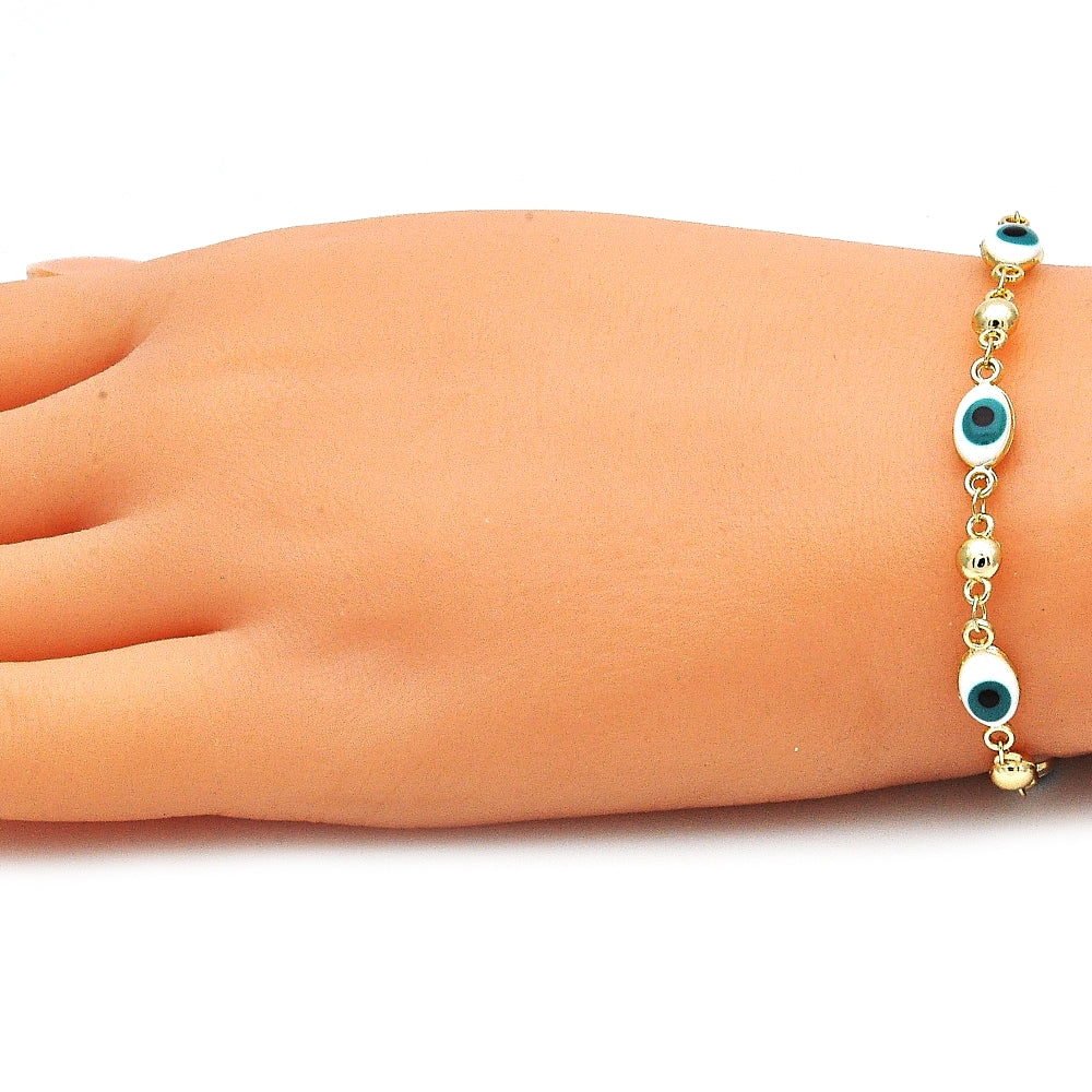 Oro Laminado Fancy Bracelet, Gold Filled Style Evil Eye Design, White Enamel Finish, Golden Finish