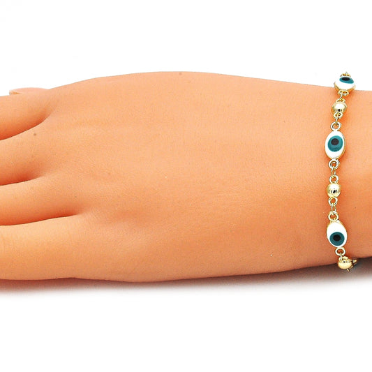 Oro Laminado Fancy Bracelet, Gold Filled Style Evil Eye Design, White Enamel Finish, Golden Finish