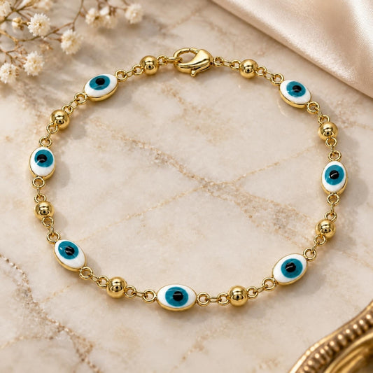 Oro Laminado Fancy Bracelet, Gold Filled Style Evil Eye Design, White Enamel Finish, Golden Finish