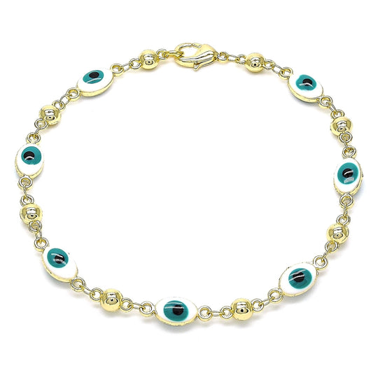 Oro Laminado Fancy Bracelet, Gold Filled Style Evil Eye Design, White Enamel Finish, Golden Finish