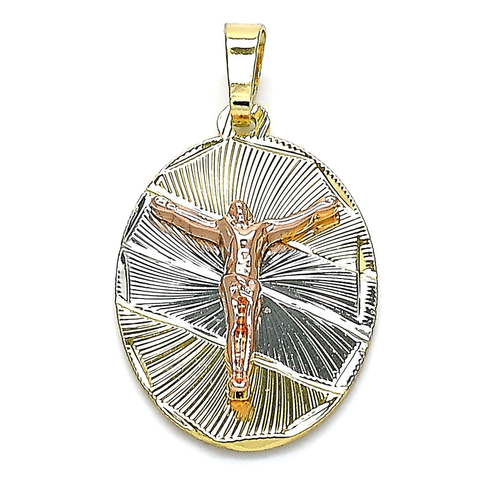 Oro Laminado Religious Pendant, Gold Filled Style Jesus Design, Diamond Cutting Finish, Tricolor