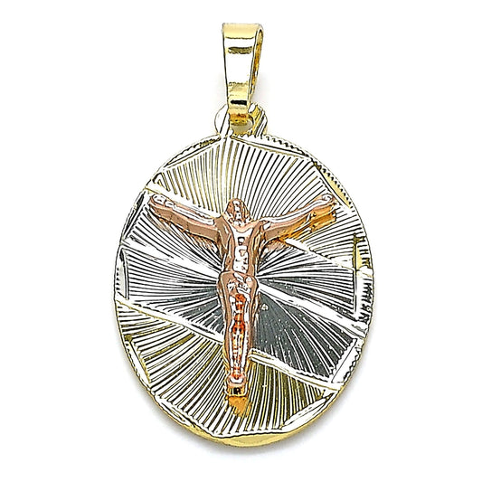 Oro Laminado Religious Pendant, Gold Filled Style Jesus Design, Diamond Cutting Finish, Tricolor