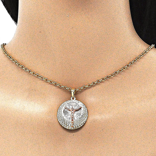 Oro Laminado Religious Pendant, Gold Filled Style Jesus Design, Diamond Cutting Finish, Tricolor
