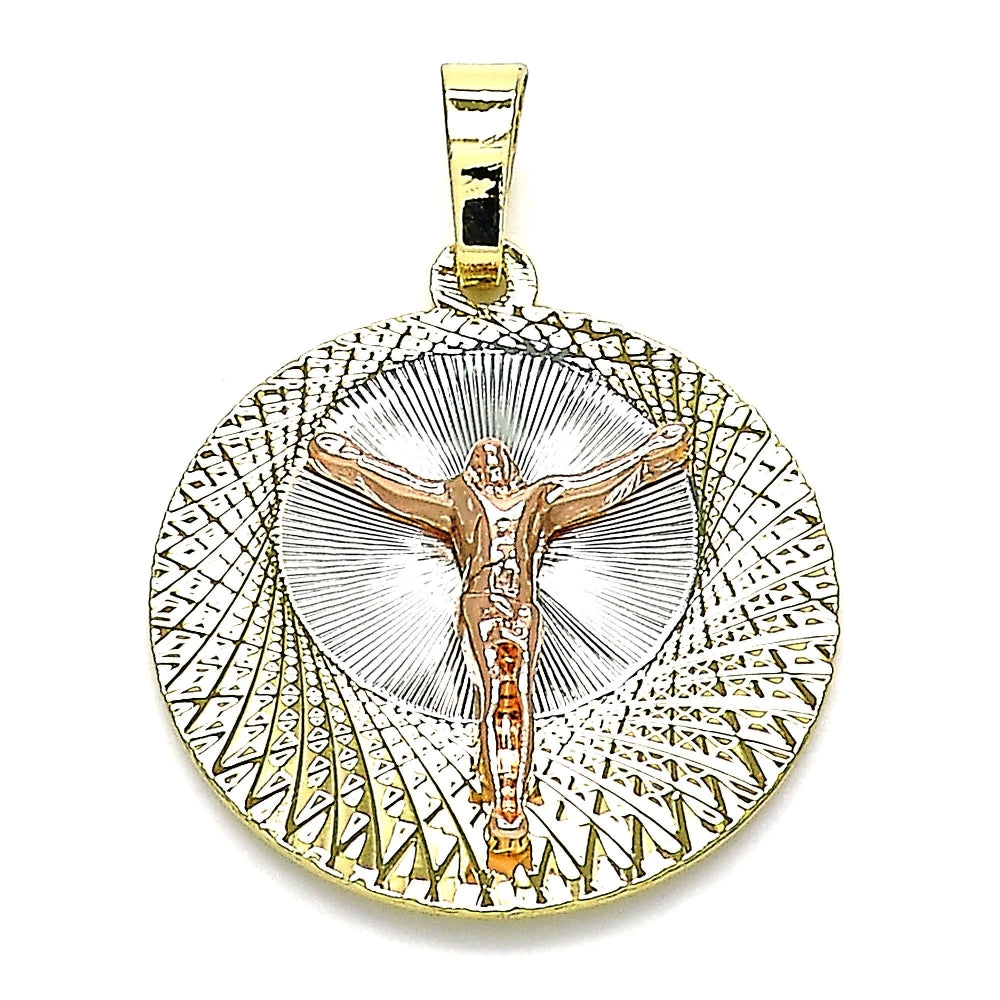 Oro Laminado Religious Pendant, Gold Filled Style Jesus Design, Diamond Cutting Finish, Tricolor