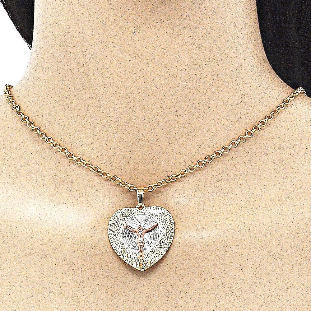 Oro Laminado Religious Pendant, Gold Filled Style Jesus and Heart Design, Diamond Cutting Finish, Tricolor