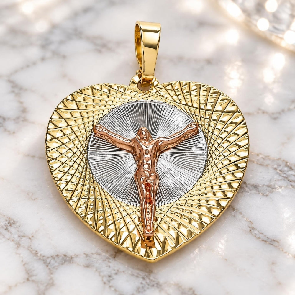 Oro Laminado Religious Pendant, Gold Filled Style Jesus and Heart Design, Diamond Cutting Finish, Tricolor