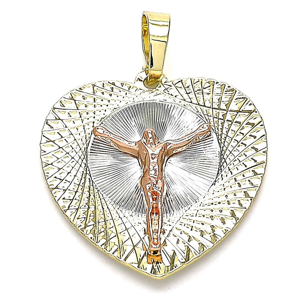 Oro Laminado Religious Pendant, Gold Filled Style Jesus and Heart Design, Diamond Cutting Finish, Tricolor
