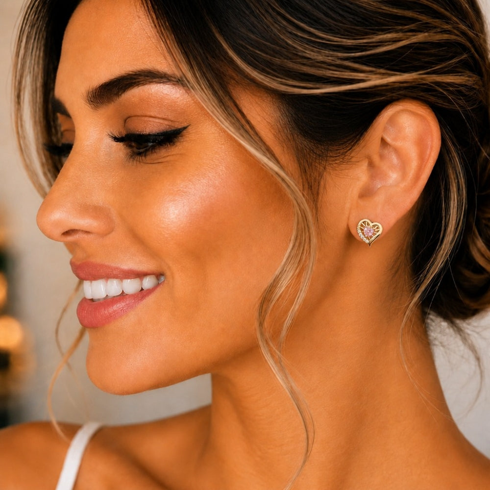 Oro Laminado Stud Earring, Gold Filled Style Heart Design, with Pink and White Cubic Zirconia, Polished, Golden Finish