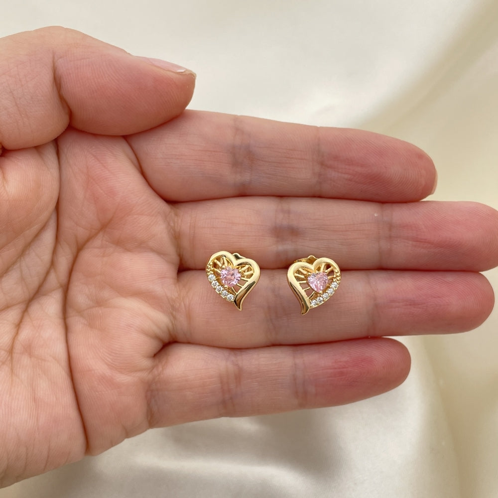 Oro Laminado Stud Earring, Gold Filled Style Heart Design, with Pink and White Cubic Zirconia, Polished, Golden Finish