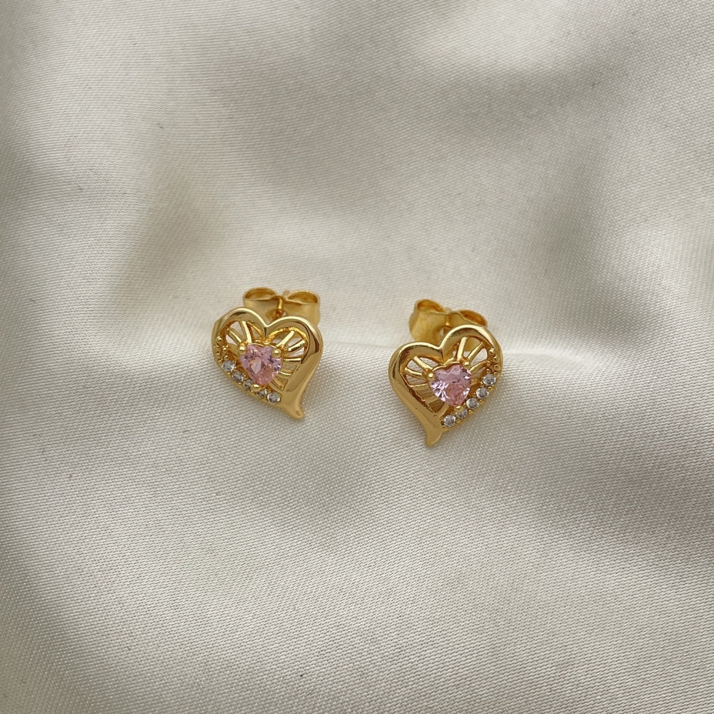 Oro Laminado Stud Earring, Gold Filled Style Heart Design, with Pink and White Cubic Zirconia, Polished, Golden Finish