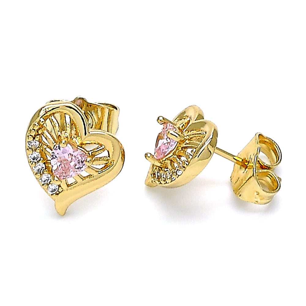 Oro Laminado Stud Earring, Gold Filled Style Heart Design, with Pink and White Cubic Zirconia, Polished, Golden Finish