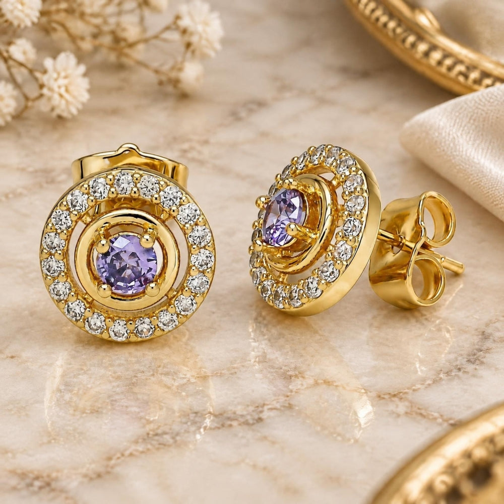 Oro Laminado Stud Earring, Gold Filled Style with Amethyst and White Cubic Zirconia, Polished, Golden Finish