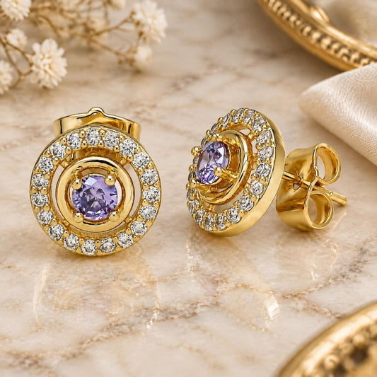 Oro Laminado Stud Earring, Gold Filled Style with Amethyst and White Cubic Zirconia, Polished, Golden Finish