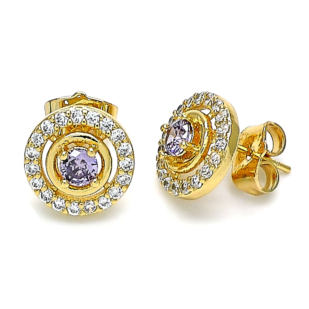 Oro Laminado Stud Earring, Gold Filled Style with Amethyst and White Cubic Zirconia, Polished, Golden Finish