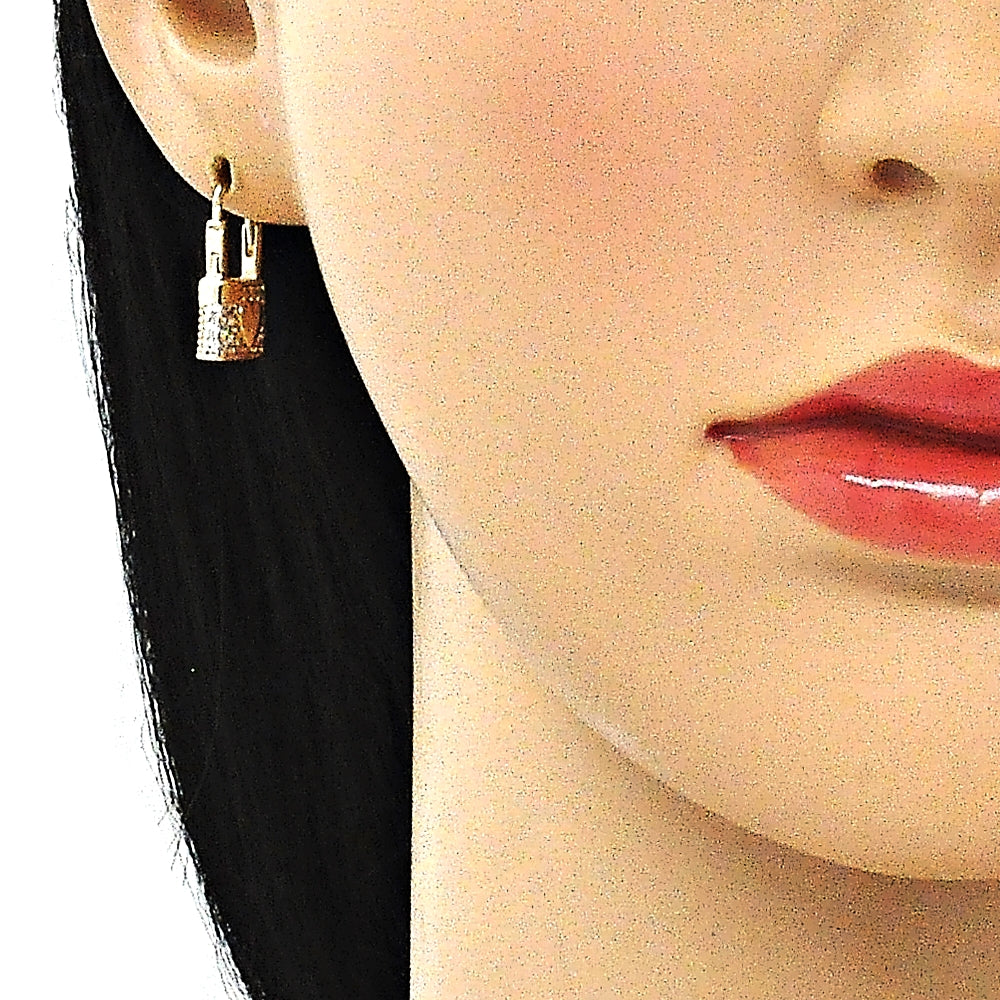 Oro Laminado Huggie Hoop, Gold Filled Style Lock and Heart Design, with White Cubic Zirconia, Polished, Golden Finish