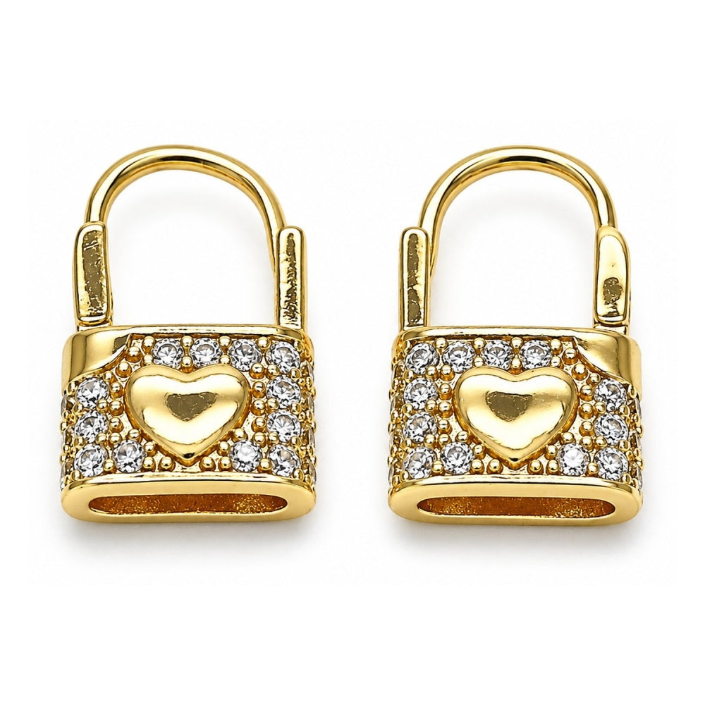 Oro Laminado Huggie Hoop, Gold Filled Style Lock and Heart Design, with White Cubic Zirconia, Polished, Golden Finish