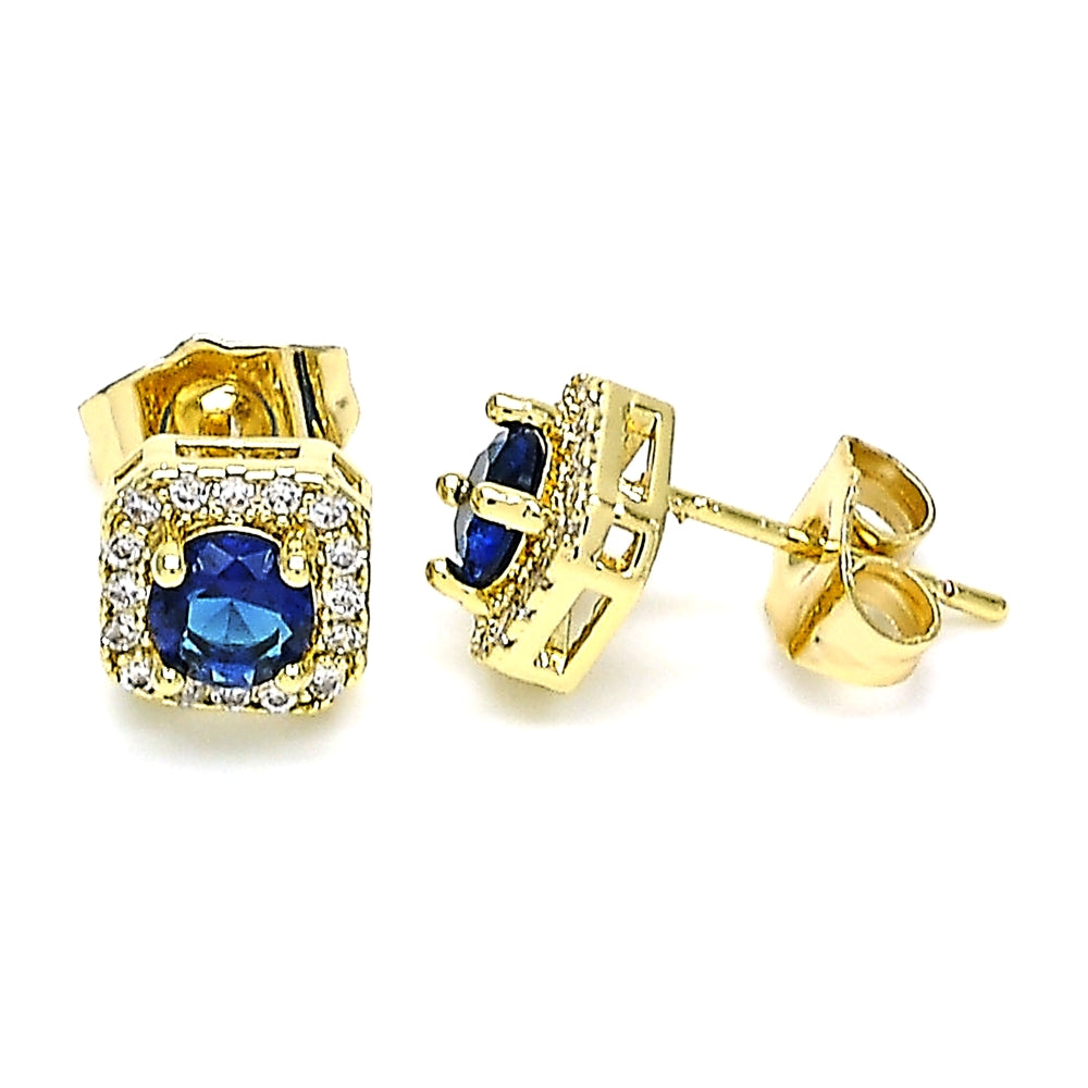 Oro Laminado Stud Earring, Gold Filled Style Cluster Design, with Sapphire Blue Cubic Zirconia and White Micro Pave, Polished, Golden Finish