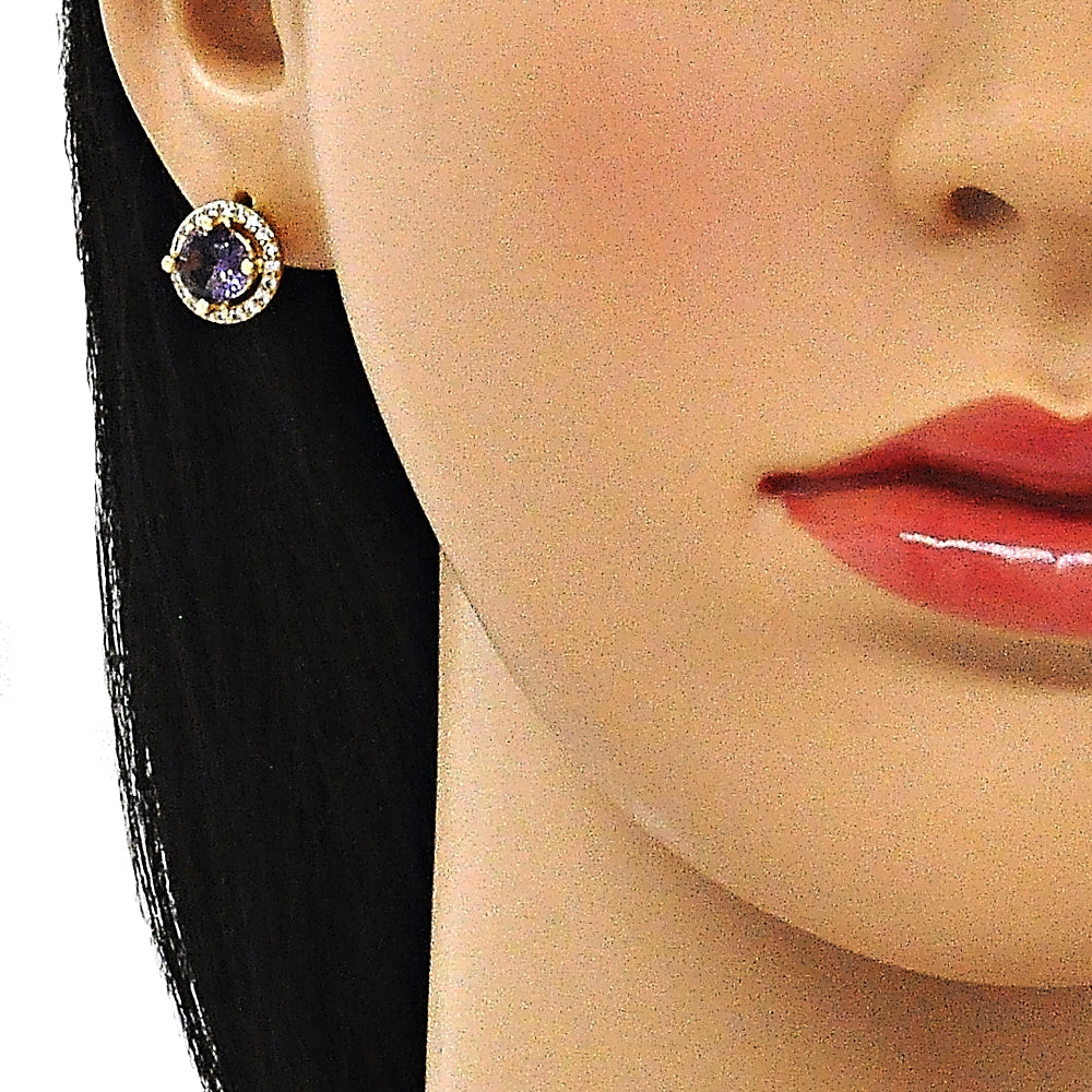 Oro Laminado Stud Earring, Gold Filled Style with Amethyst Cubic Zirconia and White Micro Pave, Polished, Golden Finish