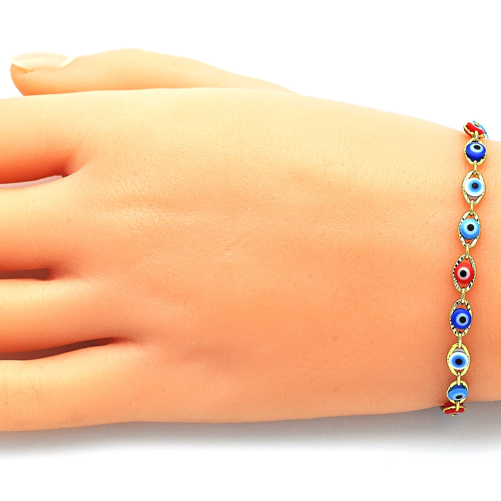 Oro Laminado Adjustable Bolo Bracelet, Gold Filled Style Evil Eye Design, with White Cubic Zirconia, Multicolor Resin Finish, Golden Finish