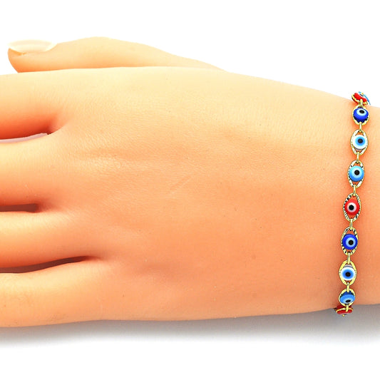 Oro Laminado Adjustable Bolo Bracelet, Gold Filled Style Evil Eye Design, with White Cubic Zirconia, Multicolor Resin Finish, Golden Finish