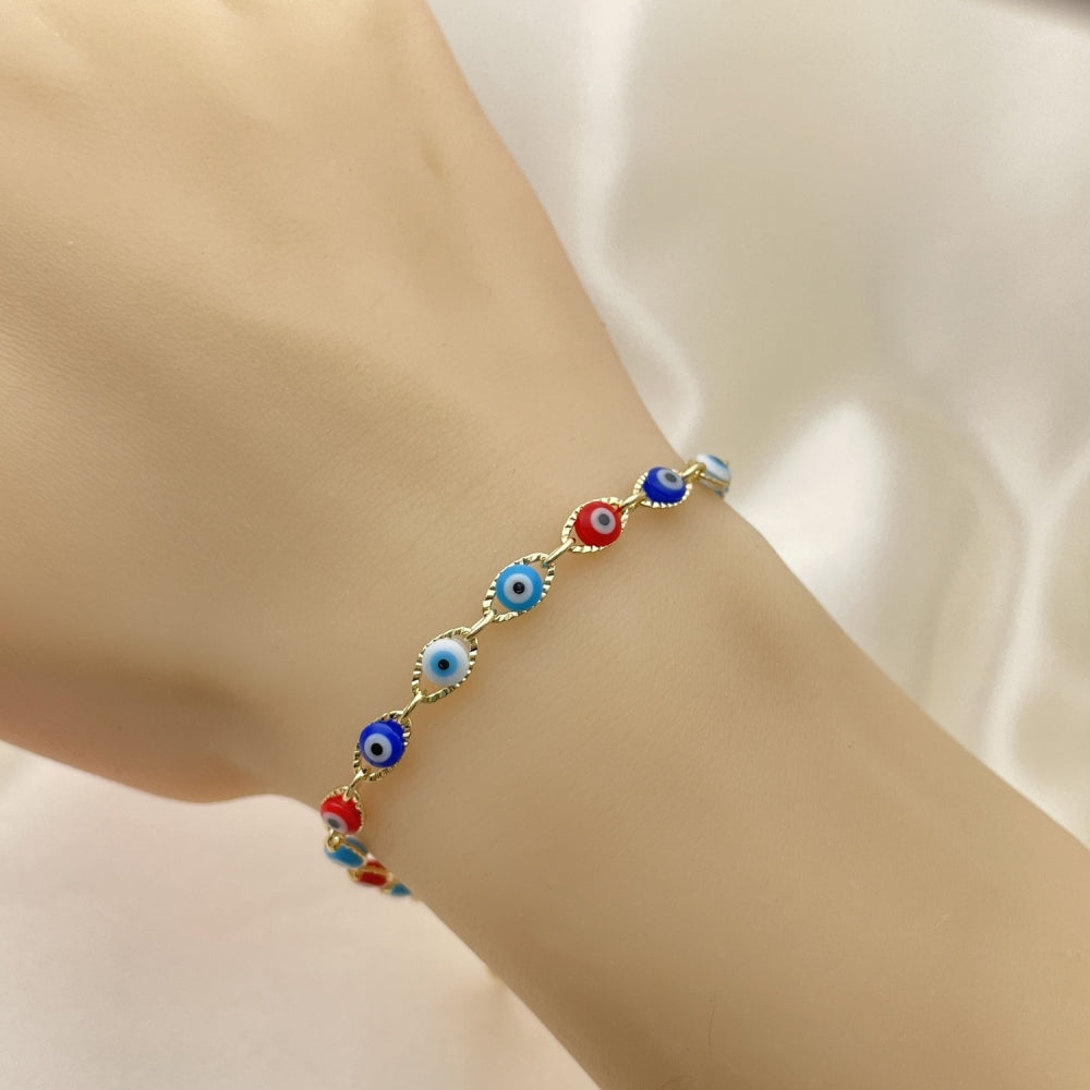 Oro Laminado Adjustable Bolo Bracelet, Gold Filled Style Evil Eye Design, with White Cubic Zirconia, Multicolor Resin Finish, Golden Finish