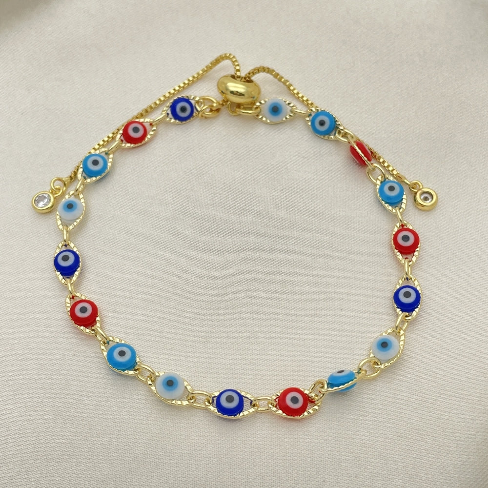 Oro Laminado Adjustable Bolo Bracelet, Gold Filled Style Evil Eye Design, with White Cubic Zirconia, Multicolor Resin Finish, Golden Finish