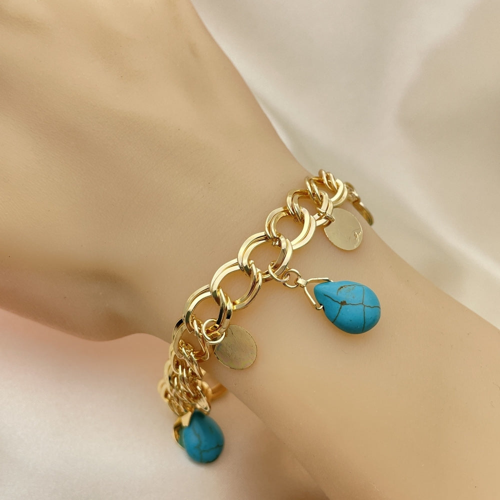 Oro Laminado Charm Bracelet, Gold Filled Style Teardrop Design, with Turquoise Opal, Polished, Golden Finish