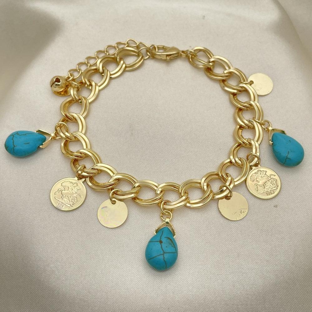 Oro Laminado Charm Bracelet, Gold Filled Style Teardrop Design, with Turquoise Opal, Polished, Golden Finish