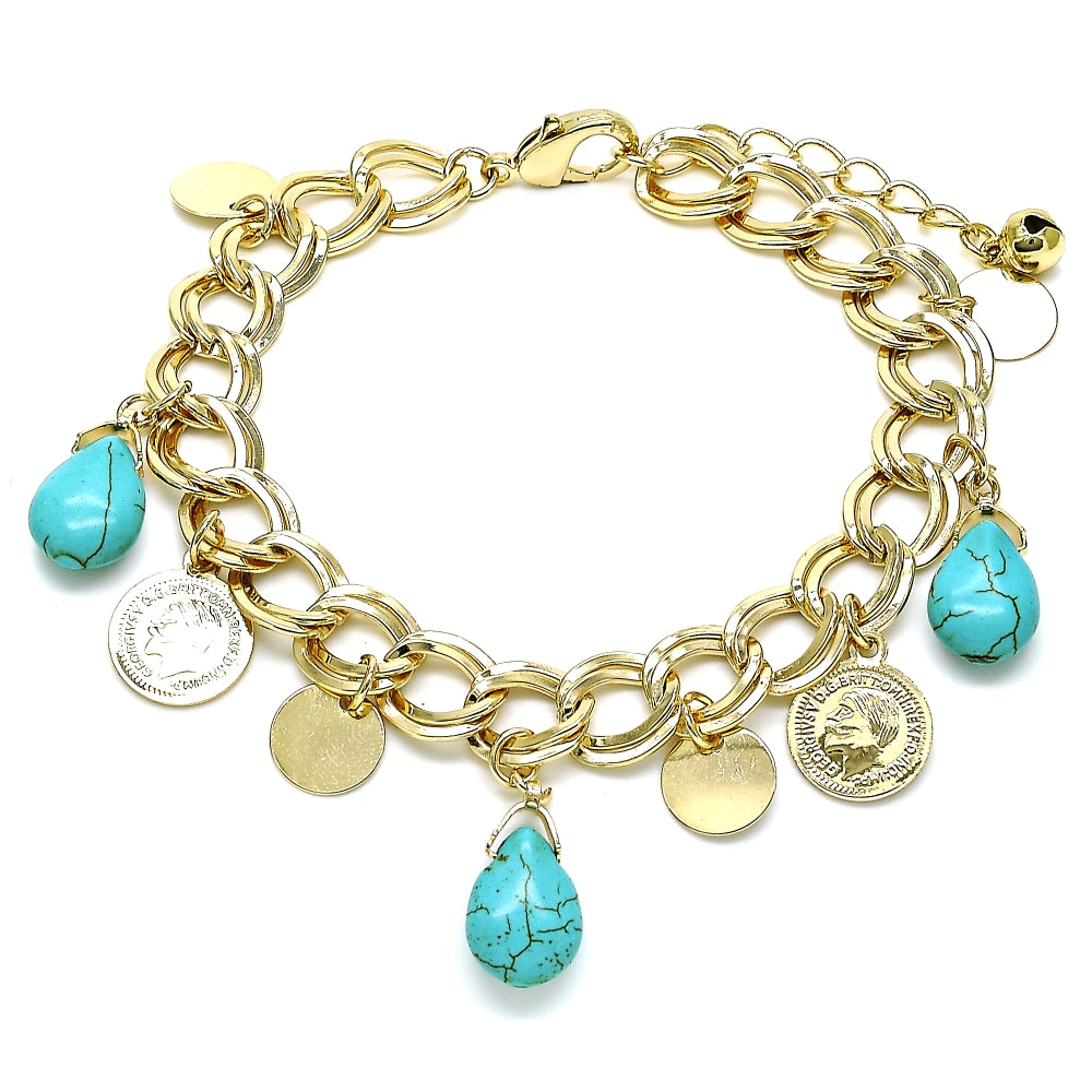 Oro Laminado Charm Bracelet, Gold Filled Style Teardrop Design, with Turquoise Opal, Polished, Golden Finish