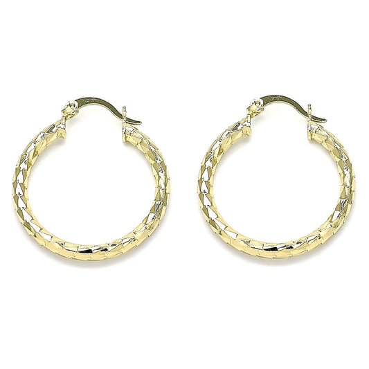 Oro Laminado Medium Hoop, Gold Filled Style Hollow Design, Diamond Cutting Finish, Golden Finish