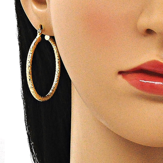 Oro Laminado Medium Hoop, Gold Filled Style Hollow Design, Diamond Cutting Finish, Golden Finish