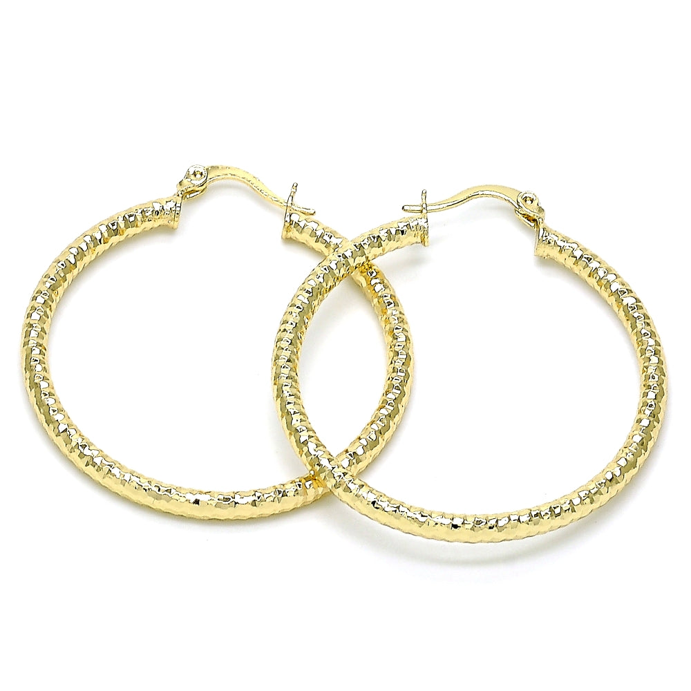 Oro Laminado Medium Hoop, Gold Filled Style Hollow Design, Diamond Cutting Finish, Golden Finish