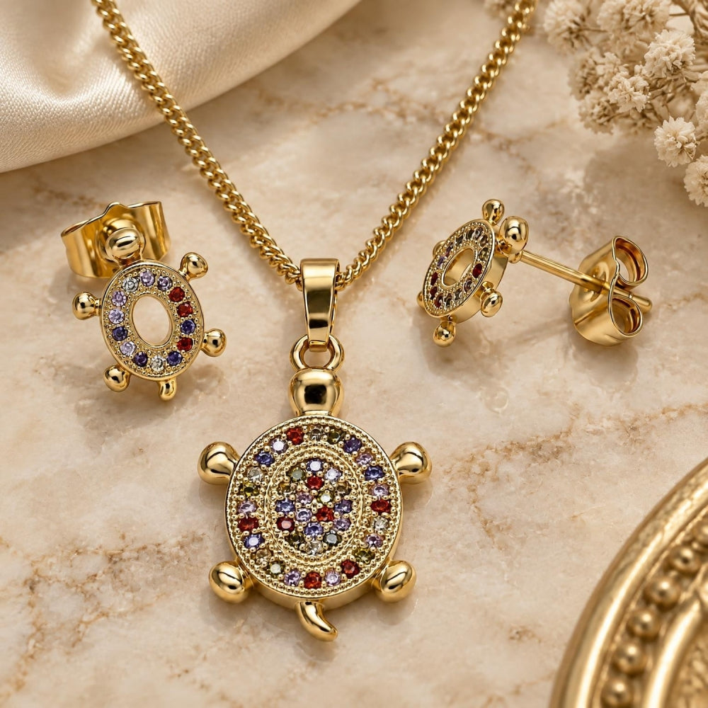 Oro Laminado Earring and Pendant Adult Set, Gold Filled Style Turtle Design, with Multicolor Micro Pave, Polished, Golden Finish