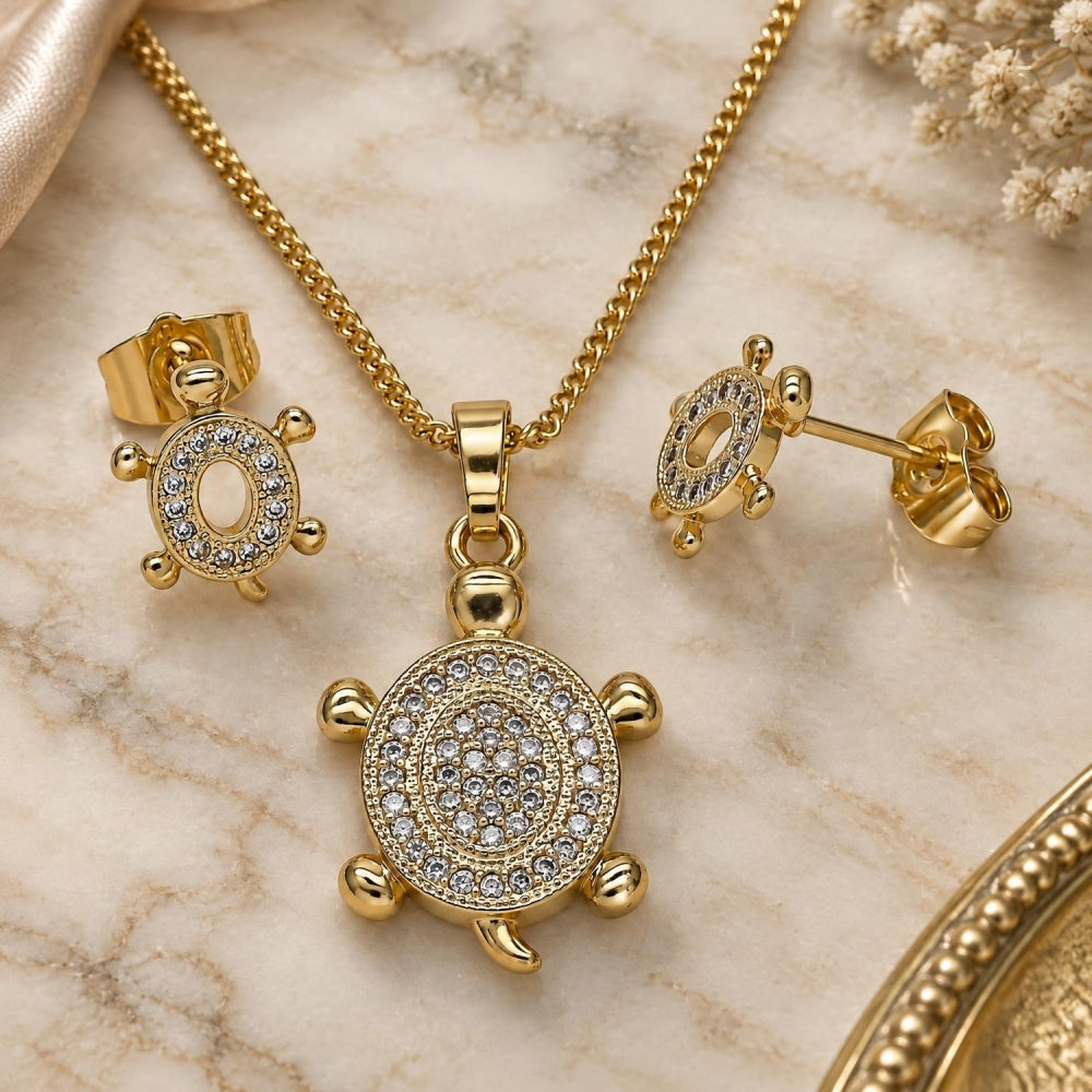 Oro Laminado Earring and Pendant Adult Set, Gold Filled Style Turtle Design, with White Micro Pave, Polished, Golden Finish