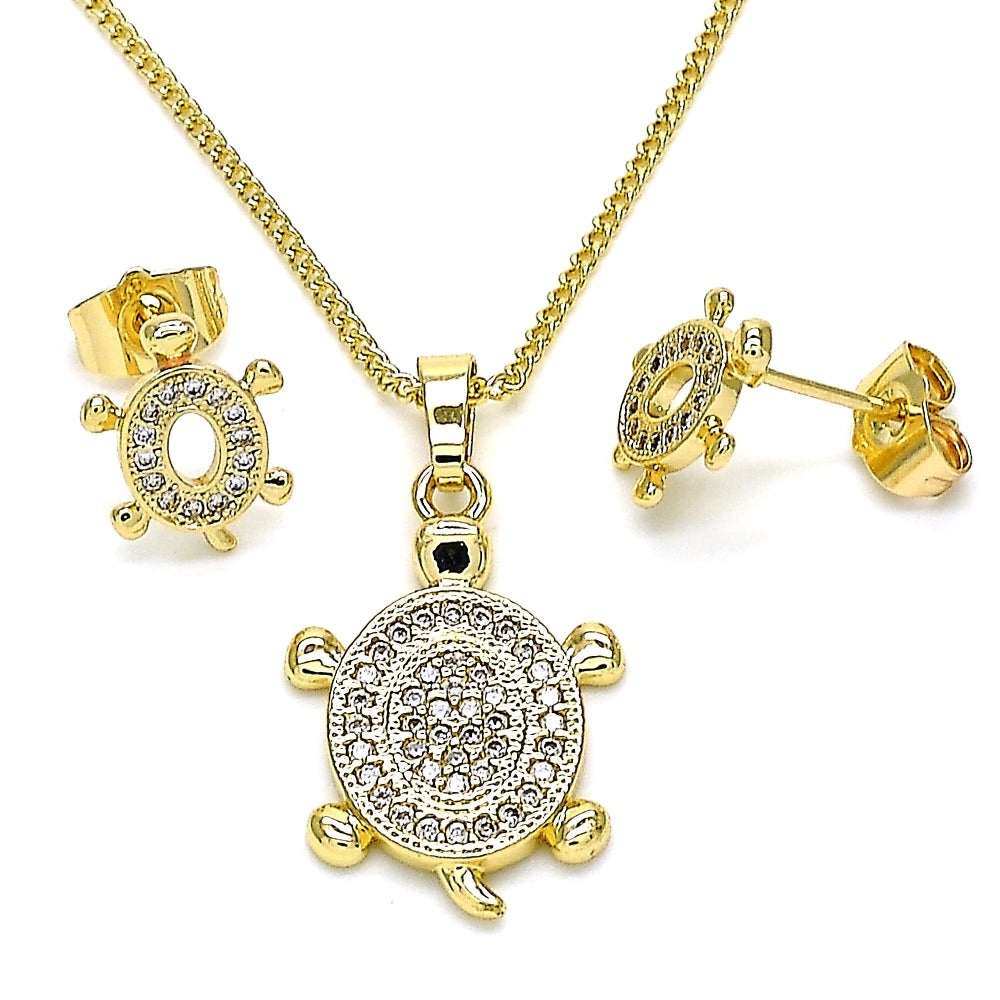 Oro Laminado Earring and Pendant Adult Set, Gold Filled Style Turtle Design, with White Micro Pave, Polished, Golden Finish