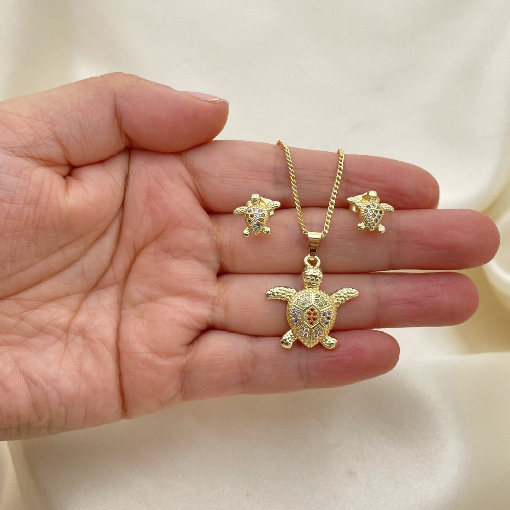 Oro Laminado Earring and Pendant Adult Set, Gold Filled Style Turtle Design, with Multicolor Micro Pave, Polished, Golden Finish