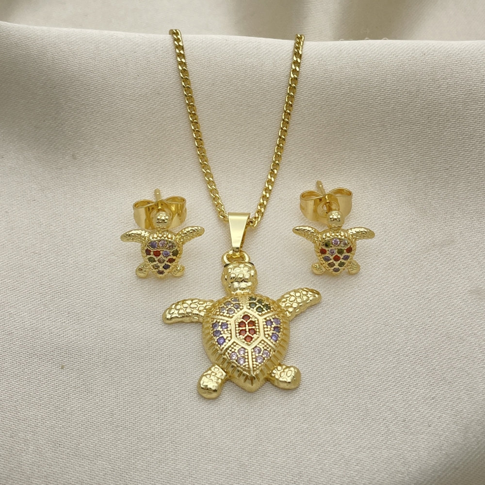 Oro Laminado Earring and Pendant Adult Set, Gold Filled Style Turtle Design, with Multicolor Micro Pave, Polished, Golden Finish