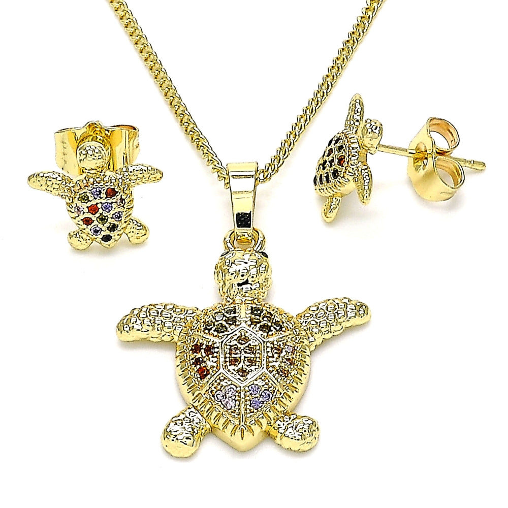 Oro Laminado Earring and Pendant Adult Set, Gold Filled Style Turtle Design, with Multicolor Micro Pave, Polished, Golden Finish